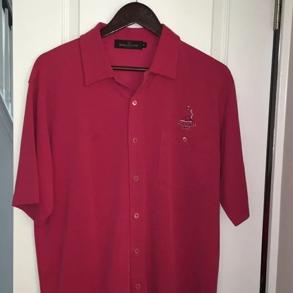 Bugatchi Uomo Pinehurst Resort NC Putter Boy Hawaiian Luau Aloha Shirt M Red